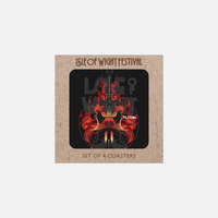 Isle of Wight Festival 2025 Coasters featuring a black electric guitar silhouette surrounded by orange flames, displayed in festival-themed packaging.