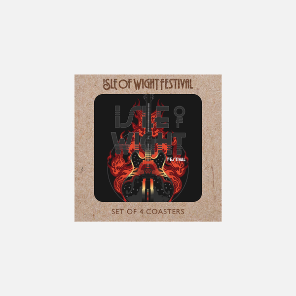 Isle of Wight Festival 2025 Coasters featuring a black electric guitar silhouette surrounded by orange flames, displayed in festival-themed packaging.
