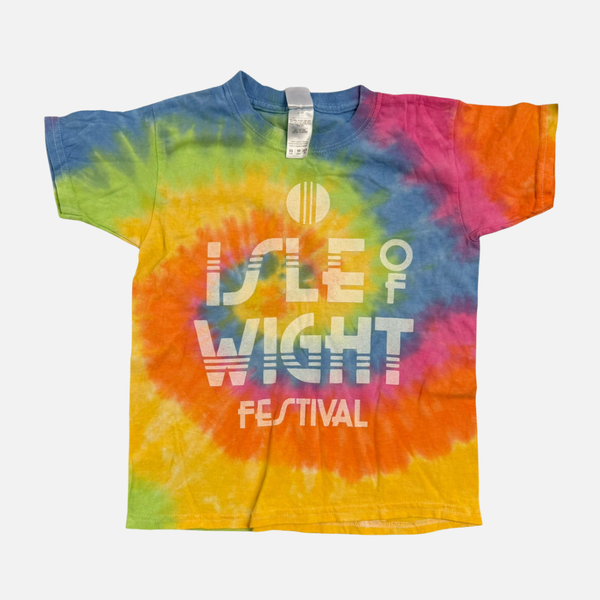 Kids Tie Dye Historic T-shirt with short sleeves, featuring the Isle of Wight Festival 2024 text in white lettering.