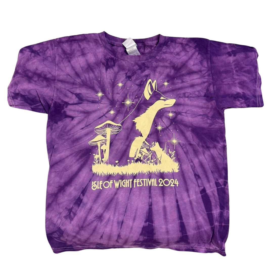 The Historic Isle of Wight Kids Purple Tie Dye T-Shirt features a wolf silhouette with mushrooms, grass, and stars, plus Isle of Wight Festival 2024 printed below the design.
