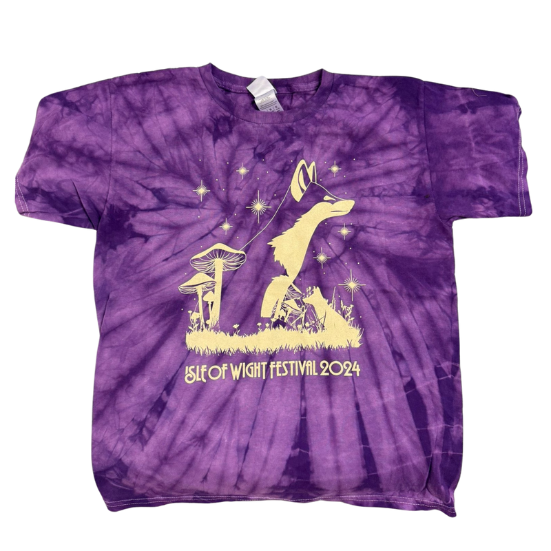 The Historic Isle of Wight 2024 Kids Purple Tie Dye T-Shirt features a yellow fox, mushrooms, grass, stars, and “Isle of Wight Festival 2024” text. Available in youth sizes for the perfect fit.