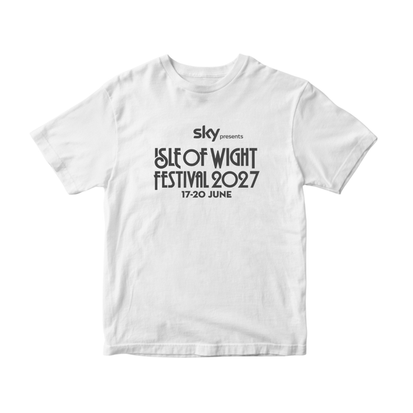 The Isle Of Wight Festival Shop's PRE-ORDER 2027 Line-Up T-Shirt features black text highlighting the festival dates and headliners—an essential item for any 2027 festival fan.