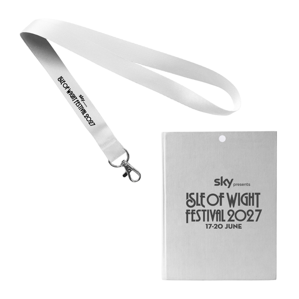 PRE-ORDER the 2027 Lanyard Programme from The Isle Of Wight Festival Shop: a white lanyard and festival pass for Sky presents Isle of Wight Festival 2027, 17-20 June, both featuring the event name and branding in bold black text.