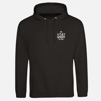 Black unisex Rock N Lighthouse Hoodie in ringspun cotton with a white Isle of Wight Festival logo and lighthouse icon on the left chest.