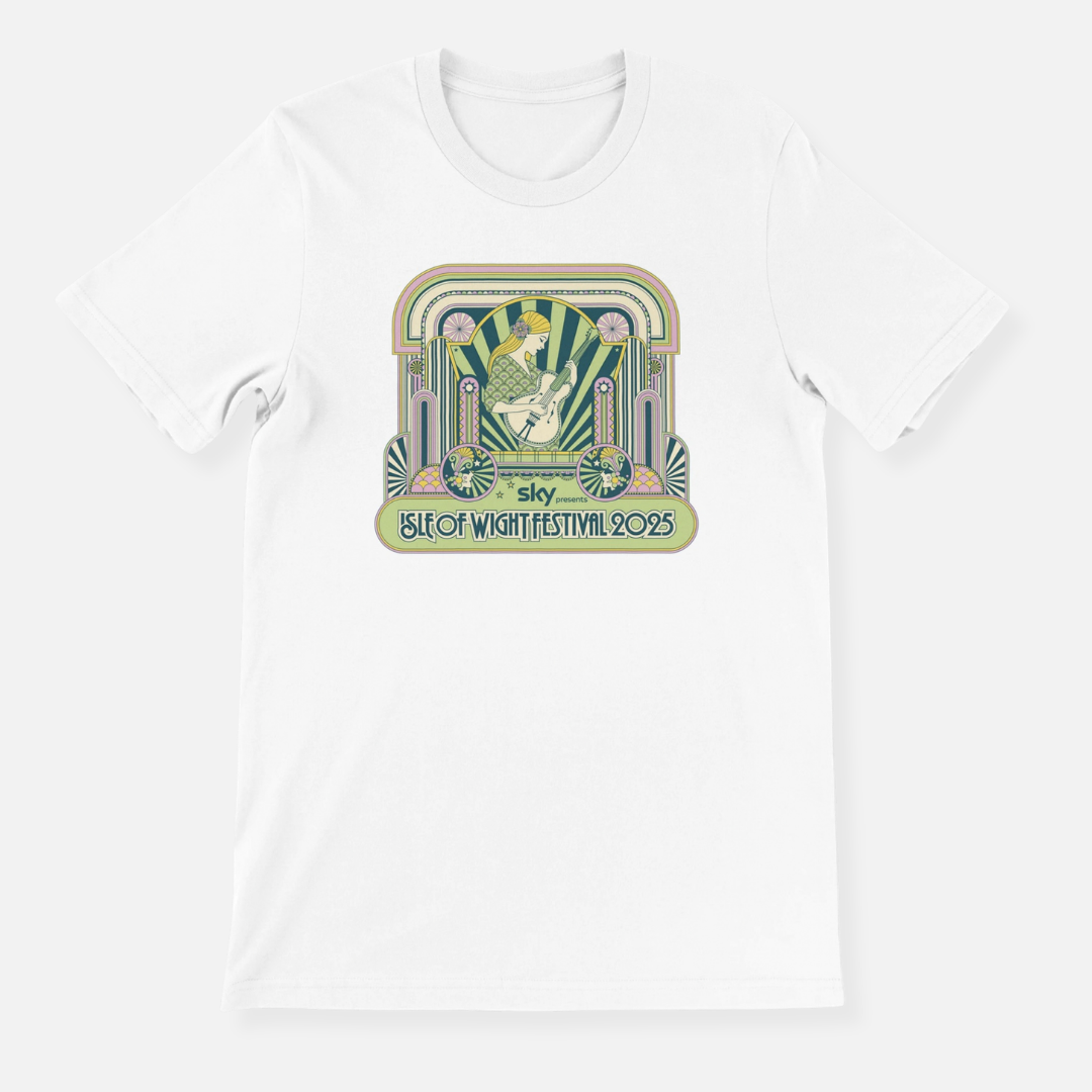Isle of Wight Festival 2025 Event Crewneck T-shirt White featuring a stylized graphic of a person playing a guitar in an art deco frame with the text Sky presents Isle of Wight Festival 2025.