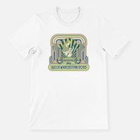 Isle of Wight Festival 2025 Event Crewneck T-shirt White featuring a stylized graphic of a person playing a guitar in an art deco frame with the text Sky presents Isle of Wight Festival 2025.