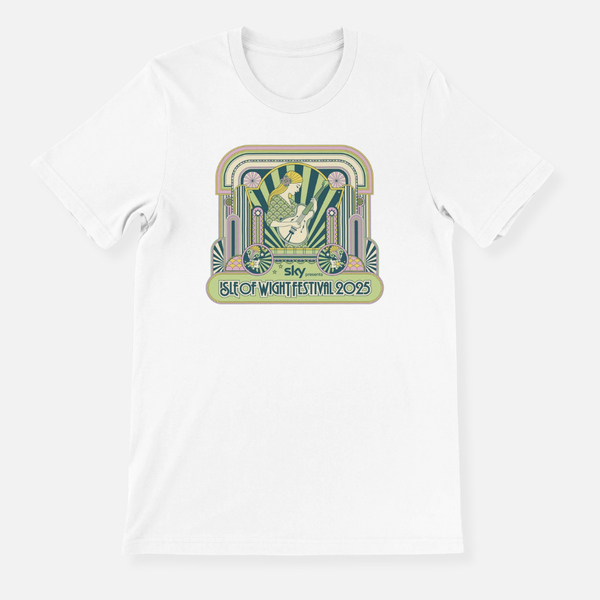 Isle of Wight Festival 2025 Event Crewneck T-shirt White featuring a stylized graphic of a person playing a guitar in an art deco frame with the text Sky presents Isle of Wight Festival 2025.