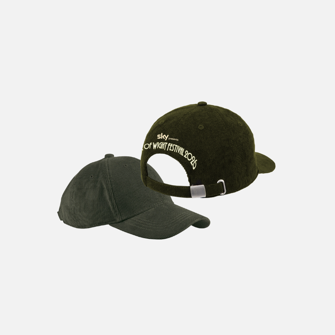 Two dark olive green 2026 Logo Vintage Caps, one showing the front and the other showing the back with Isle of Wight Festival 2026 branding embroidered above the adjustable strap.