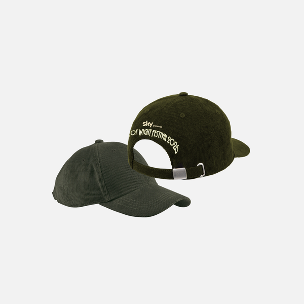 Two dark olive green 2026 Logo Vintage Caps, one showing the front and the other showing the back with Isle of Wight Festival 2026 branding embroidered above the adjustable strap.