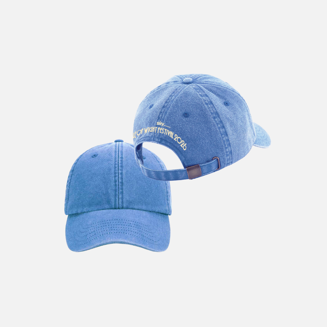 Two blue 2026 Blue Cap hats, one shown from the front and one from the back, featuring embroidered text that reads Isle of Wight Festival 2026.