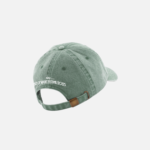 Sage green Isle of Wight Festival 2025 Cap Vintage Sage baseball cap with an adjustable strap and white text on the back that reads Sky presents Isle of Wight Festival 2025.