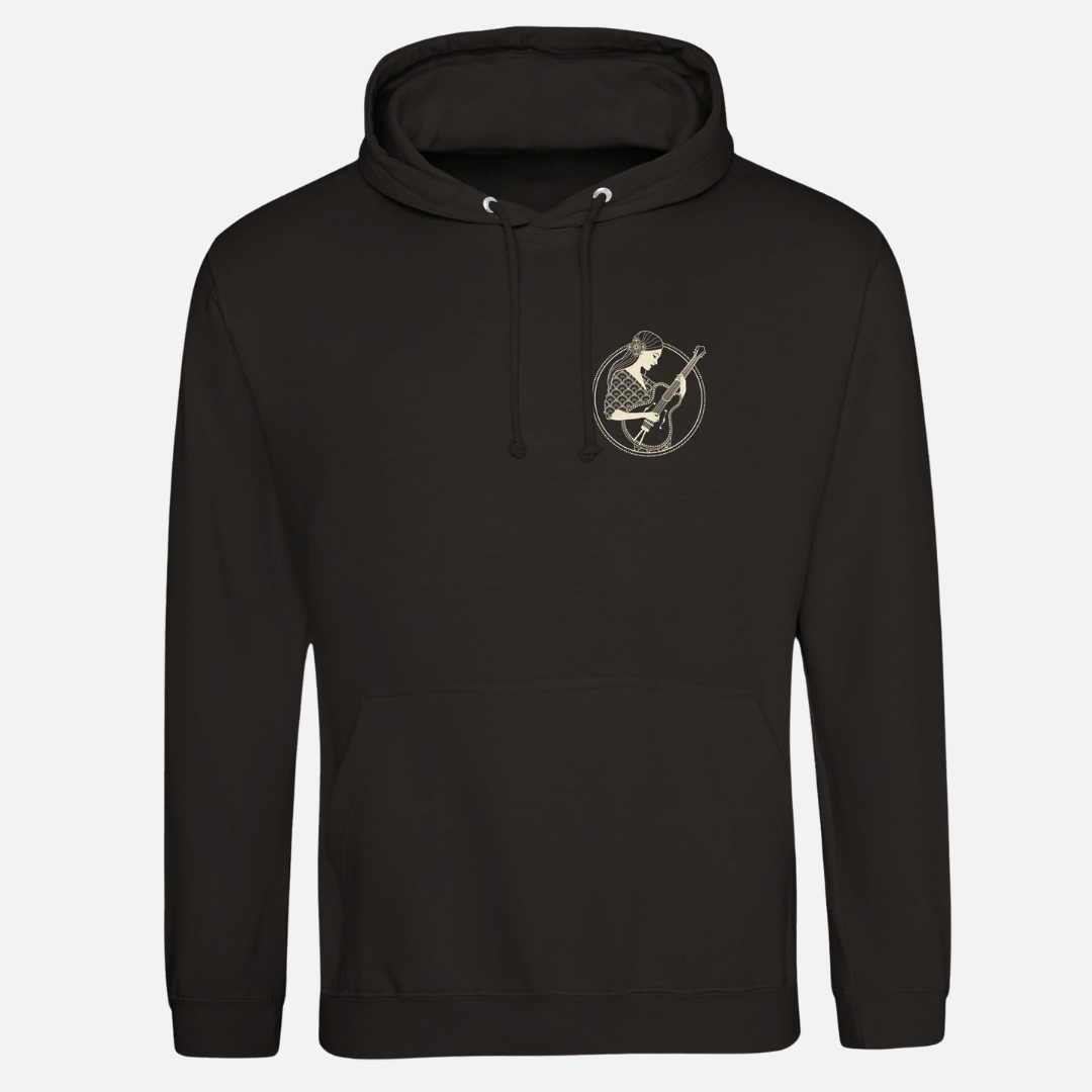 Isle of Wight Festival 2025 Event Pullover Black Hoodie in ringspun cotton with a circular graphic on the left chest depicting a woman playing a stringed instrument.