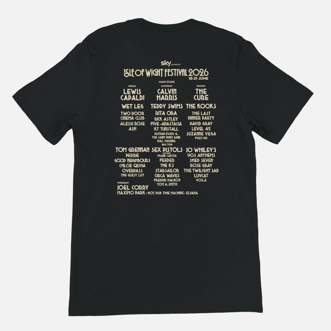Black airlume cotton Woman in The Moon 2026 Line-Up T-Shirt featuring a 2026 music festival line-up with headliners Lewis Capaldi, Calvin Harris, and The Cure on the back, finished with high-quality DTG printing.