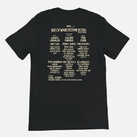 Black airlume cotton Woman in The Moon 2026 Line-Up T-Shirt featuring a 2026 music festival line-up with headliners Lewis Capaldi, Calvin Harris, and The Cure on the back, finished with high-quality DTG printing.