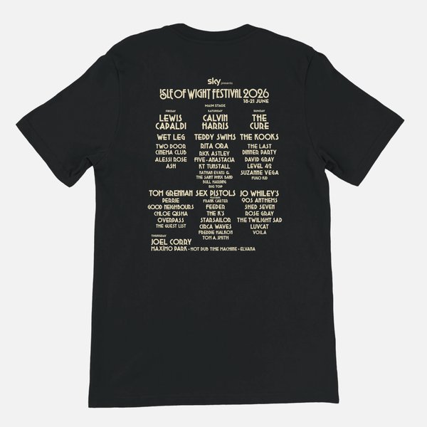 Black airlume cotton Woman in The Moon 2026 Line-Up T-Shirt featuring a 2026 music festival line-up with headliners Lewis Capaldi, Calvin Harris, and The Cure on the back, finished with high-quality DTG printing.