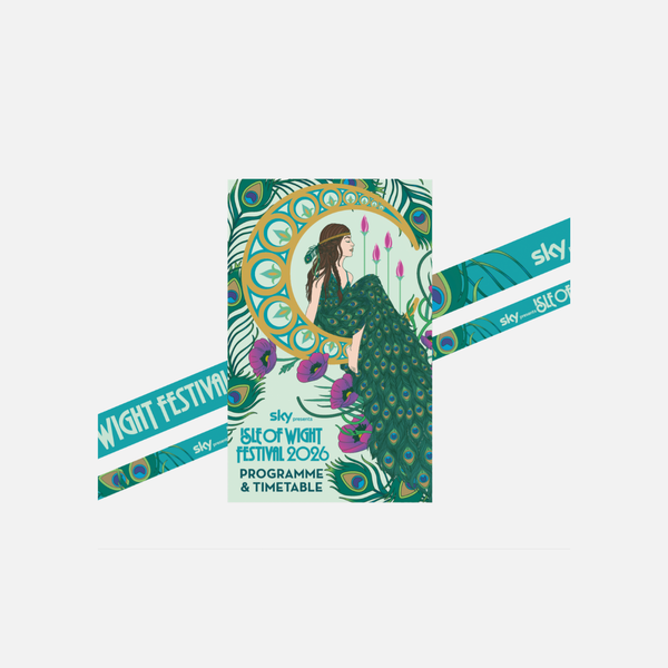 Isle Of Wight Festival 2026 Lanyard & Programme featuring an illustration of a woman sitting on a crescent moon surrounded by peacock feathers and flowers.
