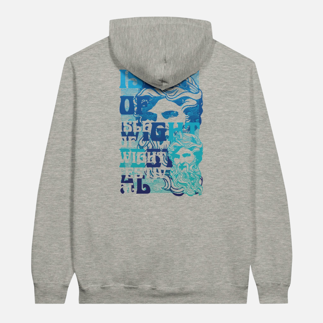 Back view of a grey heavy blend Poseidon Pullover Hoodie featuring a blue stylized face graphic and Isle of Wight text on the back.