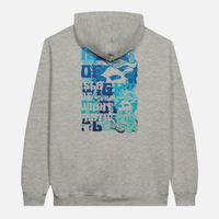Back view of a grey heavy blend Poseidon Pullover Hoodie featuring a blue stylized face graphic and Isle of Wight text on the back.