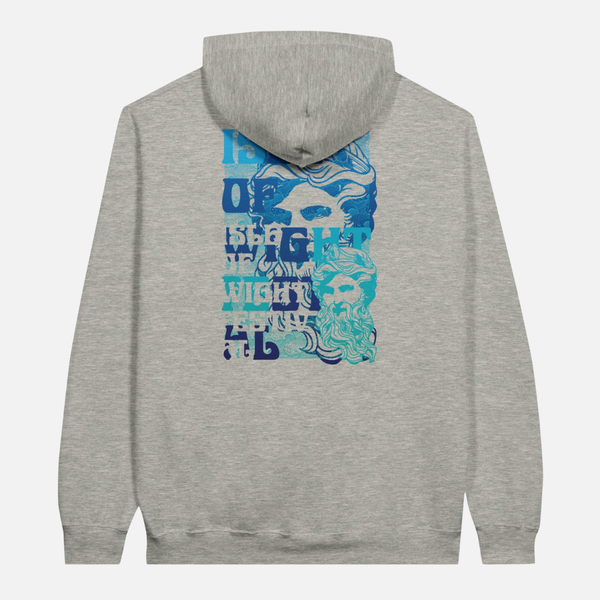 Back view of a grey heavy blend Poseidon Pullover Hoodie featuring a blue stylized face graphic and Isle of Wight text on the back.