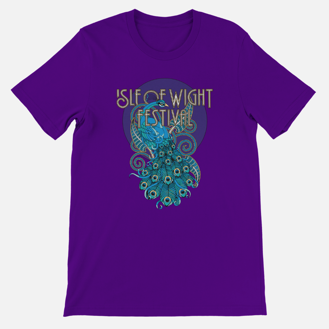 Purple IOW Historic Peacock T-Shirt featuring a stylized blue peacock graphic and the text Isle of Wight Festival in a unisex tailored fit.