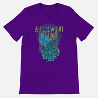 Purple IOW Historic Peacock T-Shirt featuring a stylized blue peacock graphic and the text Isle of Wight Festival in a unisex tailored fit.