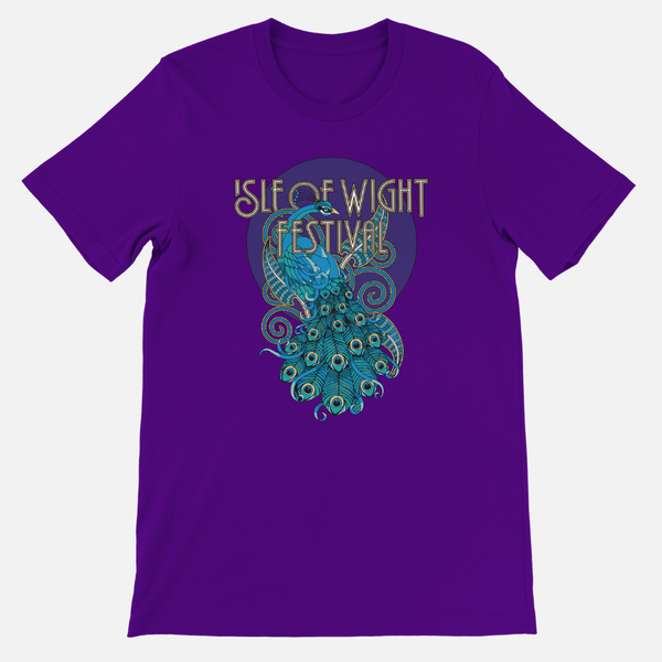 Purple IOW Historic Peacock T-Shirt featuring a stylized blue peacock graphic and the text Isle of Wight Festival in a unisex tailored fit.