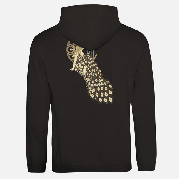 Back view of a Woman in The Moon Black 2026 Hoodie, featuring a graphic of a woman seated in front of a crescent moon, wearing a long dress with an elaborate, peacock-feather-patterned train.