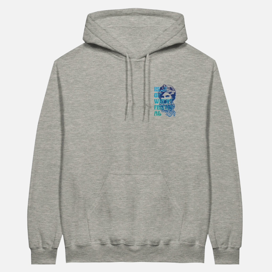 Gray Poseidon Pullover Hoodie featuring a small, blue, bearded figure graphic on the left chest.