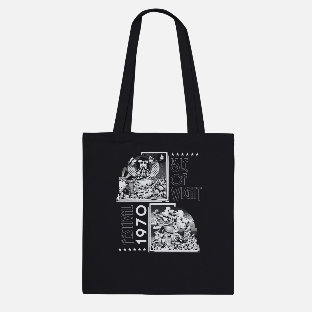 Black 100% cotton Drum N Flute Tote Bag printed with a white Isle of Wight Festival 1970 graphic featuring stylized illustrations of performers and six-pointed stars.