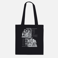 Black 100% cotton Drum N Flute Tote Bag printed with a white Isle of Wight Festival 1970 graphic featuring stylized illustrations of performers and six-pointed stars.