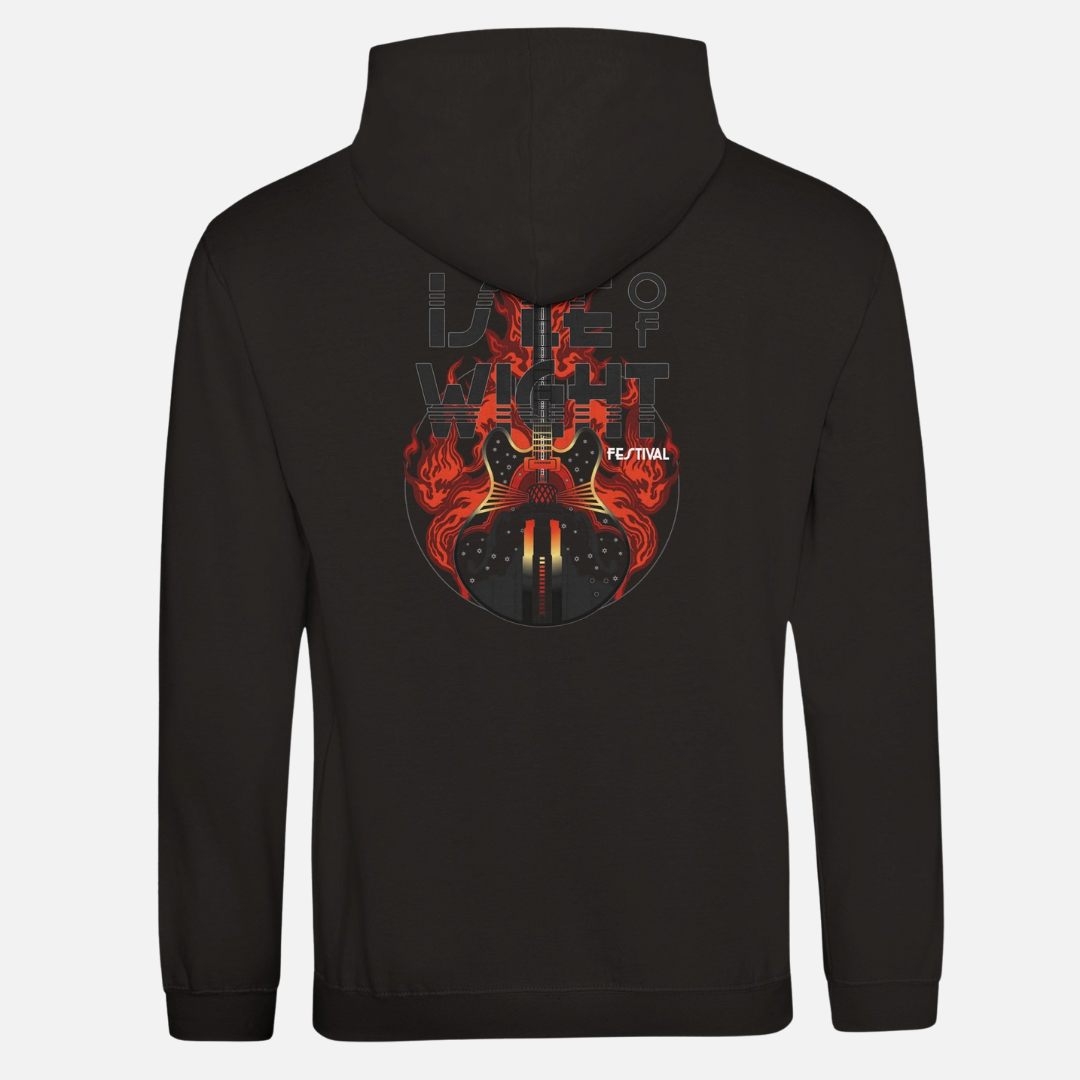 Back of a black ringspun cotton Rock N Lighthouse Hoodie featuring a graphic of an electric guitar surrounded by flames and the text ISLE OF WIGHT FESTIVAL.