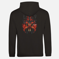 Back of a black ringspun cotton Rock N Lighthouse Hoodie featuring a graphic of an electric guitar surrounded by flames and the text ISLE OF WIGHT FESTIVAL.