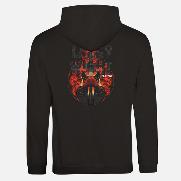Back of a black ringspun cotton Rock N Lighthouse Hoodie featuring a graphic of an electric guitar surrounded by flames and the text ISLE OF WIGHT FESTIVAL.
