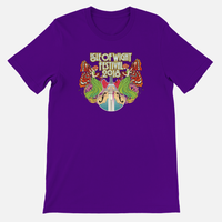 Purple IOW Historic 2018 Anniversary T-Shirt featuring an Isle of Wight Festival 2018 graphic with stylized figures, butterflies, and a guitar.
