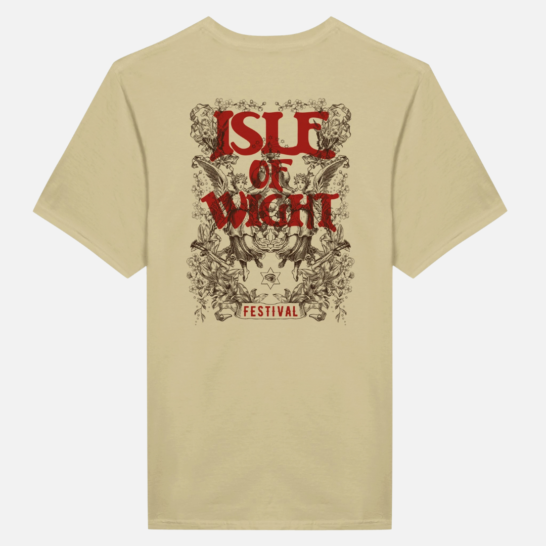 Beige Renaissance Ritual T-shirt with a back print featuring ISLE OF WIGHT FESTIVAL in red and black gothic-style lettering, surrounded by illustrations of cherubs, flowers, and ornaments.