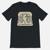 Black Isle of Wight Festival 2025 Event Crewneck T-shirt featuring a vintage-style graphic of a person playing guitar in an archway, with the text Sky presents Isle of Wight Festival 2025.