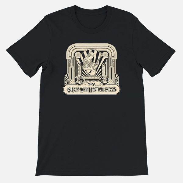Black Isle of Wight Festival 2025 Event Crewneck T-shirt featuring a vintage-style graphic of a person playing guitar in an archway, with the text Sky presents Isle of Wight Festival 2025.