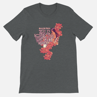 Grey IOW Historic Muse T-Shirt featuring a graphic of a woman surrounded by red flowers and the text Isle of Wight Festival.