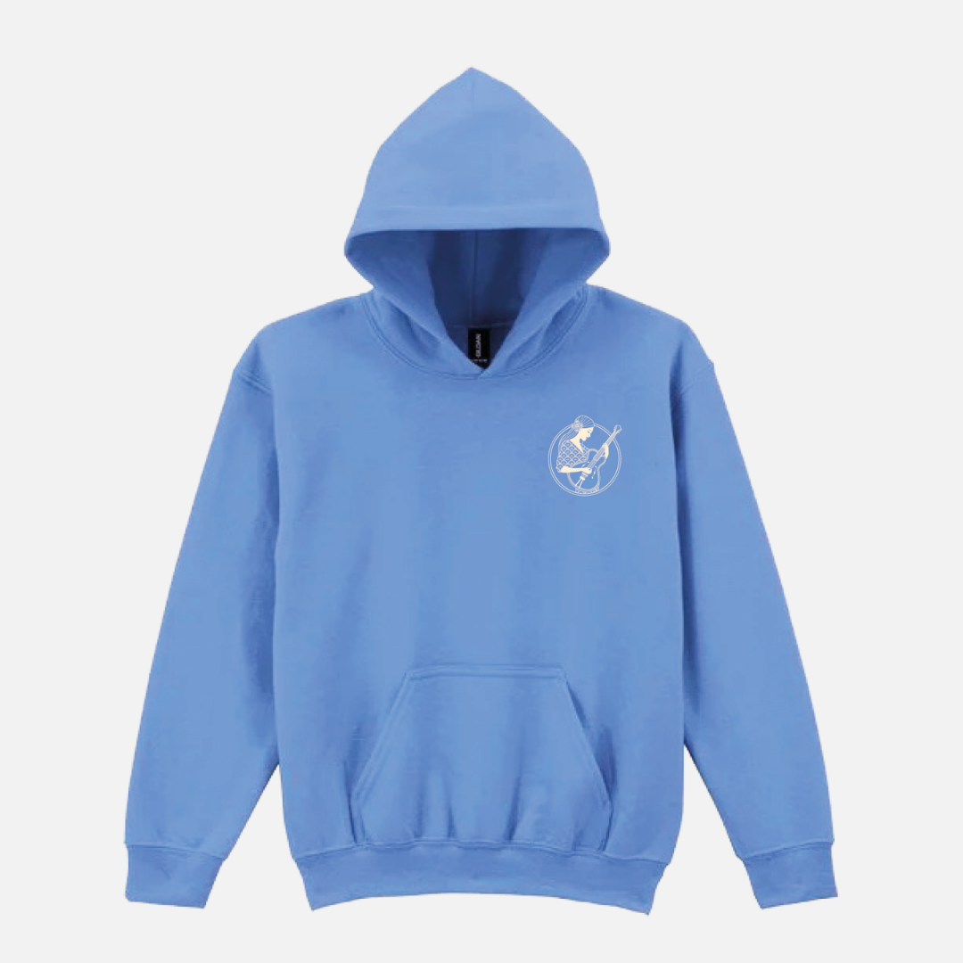 Blue Isle of Wight Festival 2025 Event Kids Hoodie with a white circular logo on the left chest depicting a person playing a guitar.