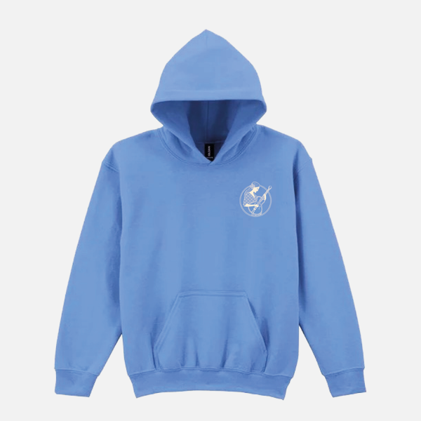 Blue Isle of Wight Festival 2025 Event Kids Hoodie with a white circular logo on the left chest depicting a person playing a guitar.