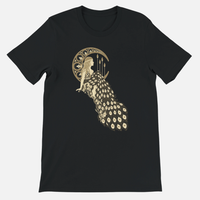 Woman in The Moon 2026 Line-Up T-Shirt in black Airlume cotton, featuring a graphic of a woman with a long peacock-feather dress sitting on a crescent moon.