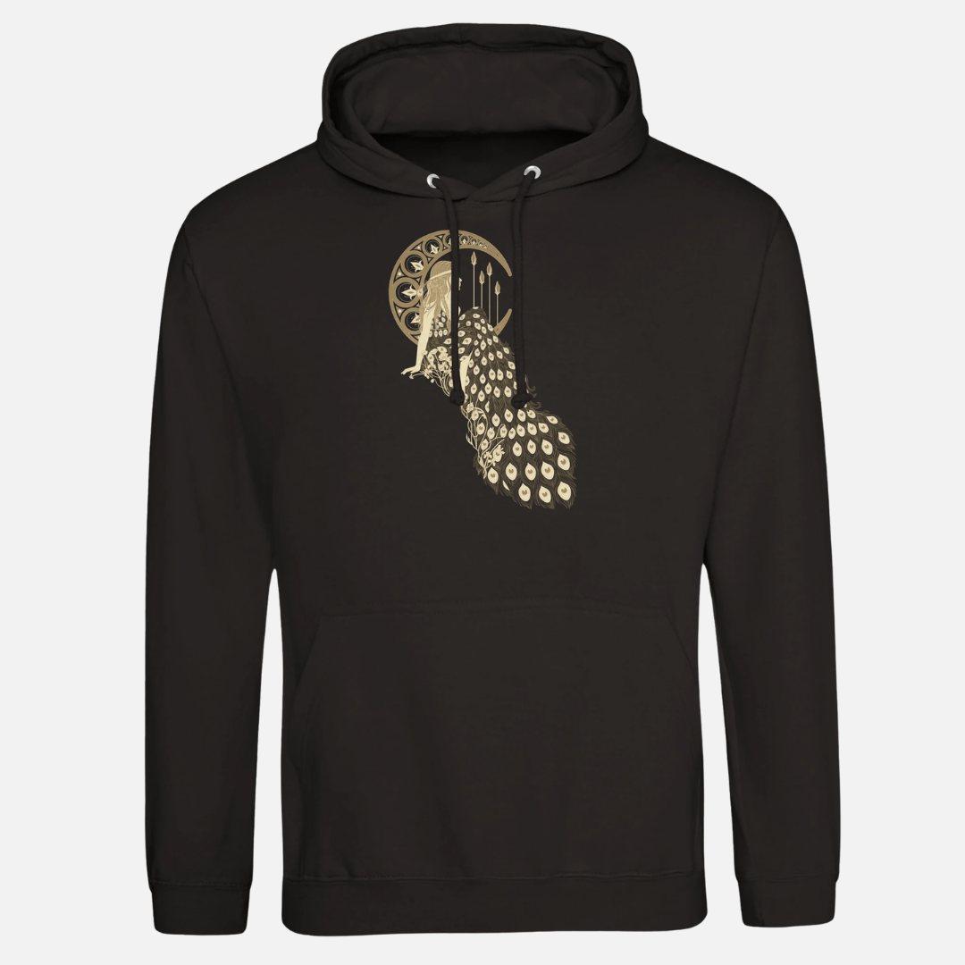 Woman in The Moon Black 2026 Event Hoodie: unisex black ringspun cotton sweatshirt featuring a gold graphic of a woman sitting inside a crescent moon with a peacock tail draped below.