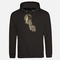 Woman in The Moon Black 2026 Event Hoodie: unisex black ringspun cotton sweatshirt featuring a gold graphic of a woman sitting inside a crescent moon with a peacock tail draped below.
