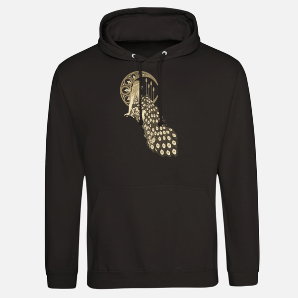 Woman in The Moon Black 2026 Event Hoodie: unisex black ringspun cotton sweatshirt featuring a gold graphic of a woman sitting inside a crescent moon with a peacock tail draped below.
