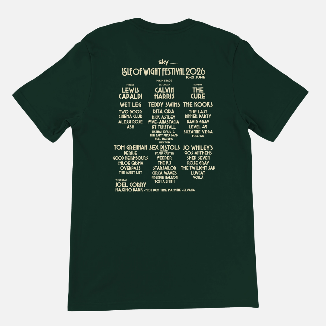 Dark green Airlume cotton Crescent Patch 2026 Line-Up Green T-Shirt featuring the printed festival lineup, listing artists by day and stage using DTG printing.