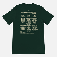 Dark green Airlume cotton Crescent Patch 2026 Line-Up Green T-Shirt featuring the printed festival lineup, listing artists by day and stage using DTG printing.