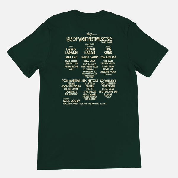 Dark green Airlume cotton Crescent Patch 2026 Line-Up Green T-Shirt featuring the printed festival lineup, listing artists by day and stage using DTG printing.