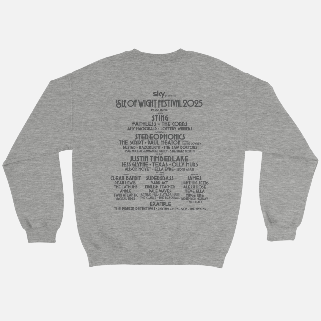 Grey Isle of Wight Festival 2025 Event Crewneck Sweatshirt featuring a black graphic of the festival lineup, including headliners Sting, Stereophonics, and Justin Timberlake.