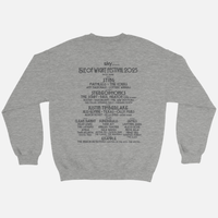 Grey Isle of Wight Festival 2025 Event Crewneck Sweatshirt featuring a black graphic of the festival lineup, including headliners Sting, Stereophonics, and Justin Timberlake.
