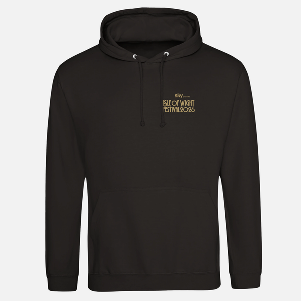 Woman in The Moon Black 2026 Hoodie, a unisex black ringspun cotton sweatshirt featuring a small gold logo on the chest that reads sky presents ISLE OF WIGHT FESTIVAL 2026.